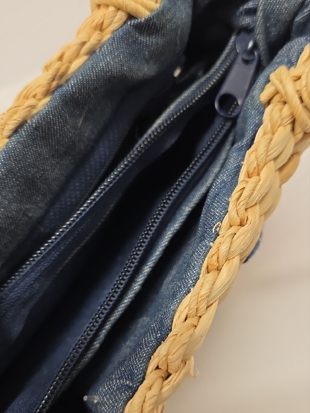 Woven Straw Bag with Blue Floral Accent-*Flaw Inside Side Pkt Zipper/fabric - Picture 7 of 9